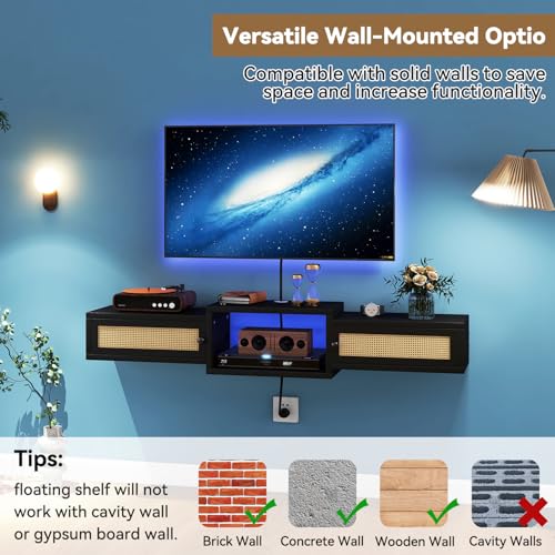 Modern Rattan Floating TV Stand with Doors, view 8