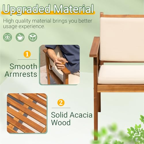 Outdoor Patio Furniture, 3 Piece Bistro Sofa Set with 1 Coffee Table and 2 Chairs, Acacia Wood Conversation Sets with Cushions, for Garden, Backyard, Poolside, White