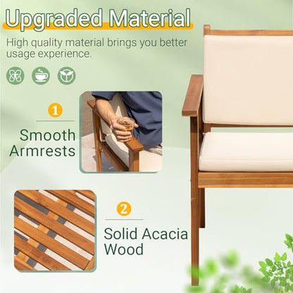 Outdoor Patio Furniture, 3 Piece Bistro Sofa Set with 1 Coffee Table and 2 Chairs, Acacia Wood Conversation Sets with Cushions, for Garden, Backyard, Poolside, White