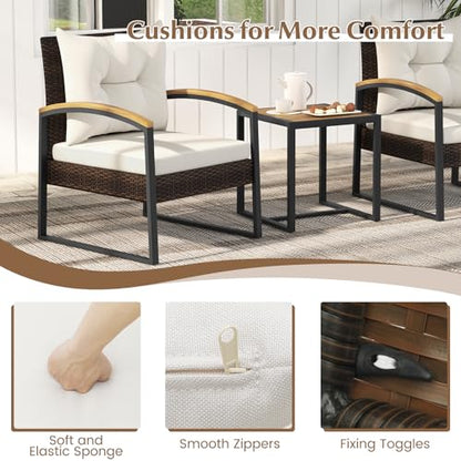 3 Piece Patio Conversation Set, Includes 2 Rattan Chairs and Coffee Table, Solid Acacia Wood Armrests & Tabletop, Outdoor Cushioned Wicker Furniture Set for Backyard, Poolside, Lawn, Garden