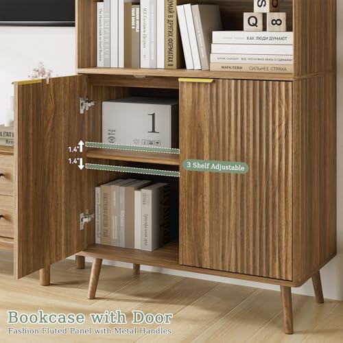Walnut Bookshelf, 70.9" Tall Book Shelf, 5-Tier Bookcase with Fluted Doors and Adjustable Shelves, Wooden Storage Cabinet for Living Room, Office(Walnut, 1PC)