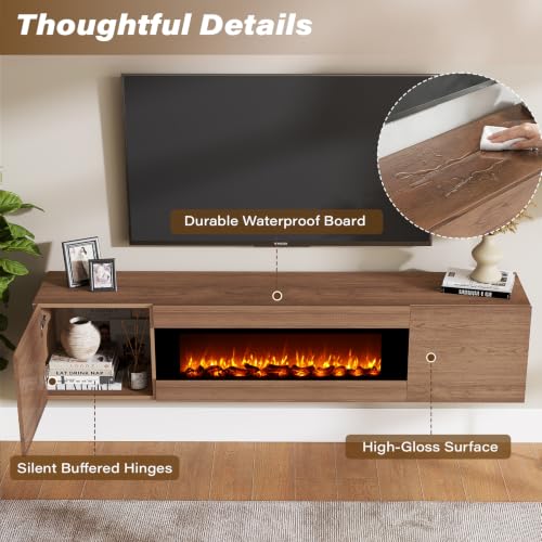 70'' Floating TV Stand with 36" Electric Fireplace, High Glossy, Brown, view 6