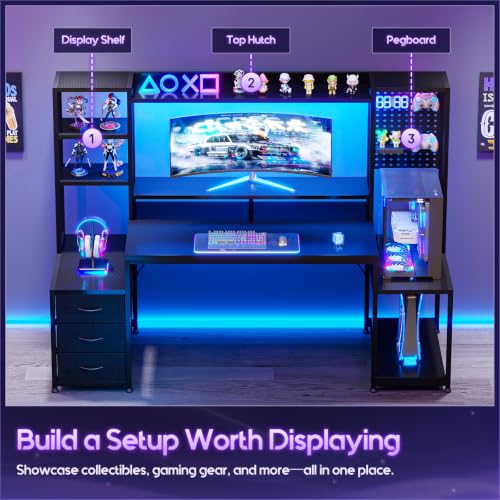 67 Inch Gaming Desk with Display Shelves, 3 Drawers, LED Lights, Hutch, view 5