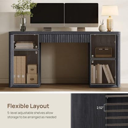 61" Large Home Office Desk with Storage Fluted Office Desks with 2 Doors & 1 Drawer Modern Executive Desk Wooden Study Desk Writing Desks Vanity Table for Living Room Bedroom, Black Alder