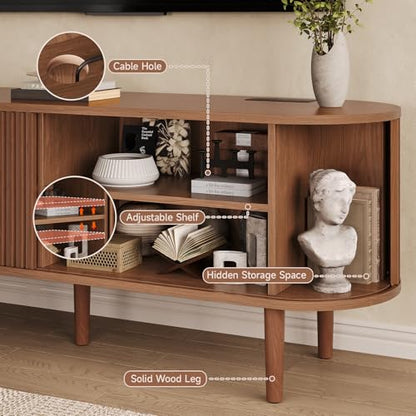 59" TV Stand with Power Outlet, Entertainment Center w/ Wood Leg Walnut, view 6