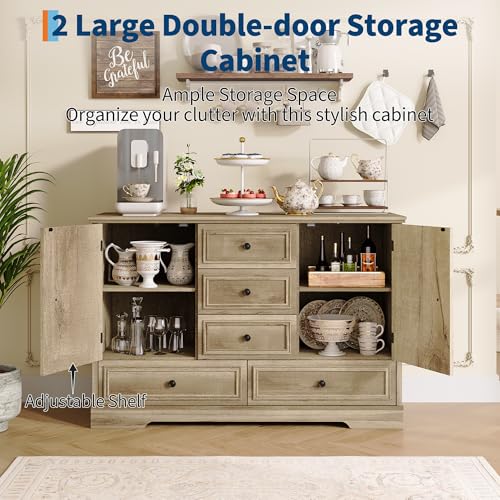47” Farmhouse Sideboard Buffet Cabinet,5 Drawers,2 Doors,Oak, view 6