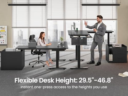 L Shaped Electric Standing Desk with File Cabinet, 63 x 53'' Height Adjustable Home Office Computer Desk with Drawers, Power Outlet, Stand up Gaming Table with Led Lights, Keyboard Tray, Black