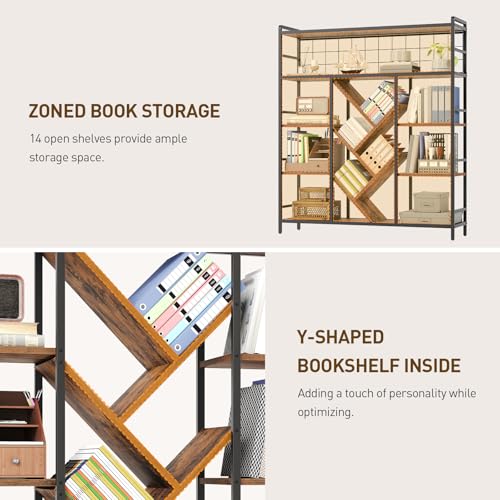 Triple 5-Tier Bookshelf, Industrial Large Bookcase with 14 Open Display Shelves, Modern Tree Bookcase with Metal Frame and Hanging Function for Living Room, Home Office, Rustic Brown and Black