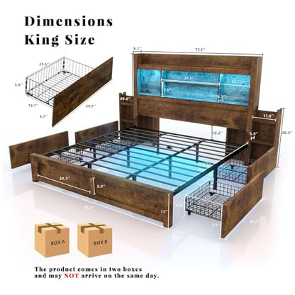 King Bed Frame with Storage, Bookcase Headboard, Rustic Brown, view 3
