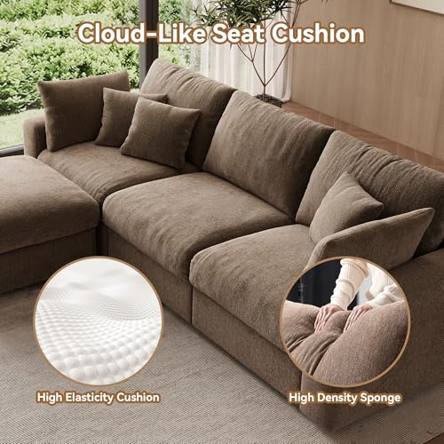110” Cloud Sectional Couches for Living Room, Modular Sectional Sofa with Deep Seat, Convertible L-Shape Couch with Storage Ottoman for Bedroom Apartment, Chenille (Brown)