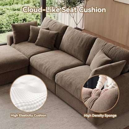 110” Cloud Sectional Couches for Living Room, Modular Sectional Sofa with Deep Seat, Convertible L-Shape Couch with Storage Ottoman for Bedroom Apartment, Chenille (Brown)