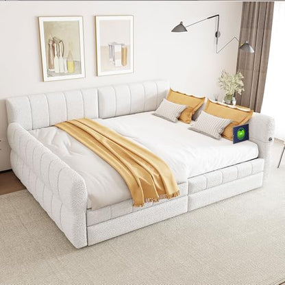 Queen Size Upholstered Daybed Sofa Bed with 2 Drawers, Lambswool Upholstered Platform Bed with USB for Bedroom Living Room Guest Room (White-@045)