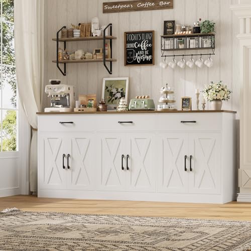 71" Large Sideboard Buffet Cabinet with Storage, Farmhouse Coffee Bar Cabinet with 3 Drawers, Long Kitchen Buffet Table, Kitchen Sideboard Storage Cabinet for Dining Room, Living Room, White