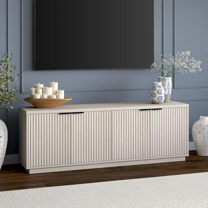 Fluted TV Stand for TVs up to 78" with 2 Ribbed Storage Cabinets and Adjustable Shelves for Living Room, Family Room, or Office, Beech White