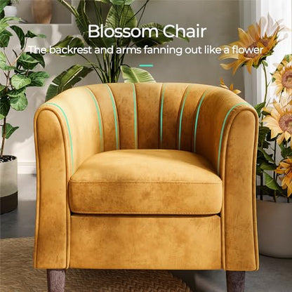 Accent Chair with Ottoman, Modern Barrel Chair Small Armchair Reading Chair with Footrest, Comfy Round Arms Chair for Living Room Bedroom Reading Room, Velvet, Yellow