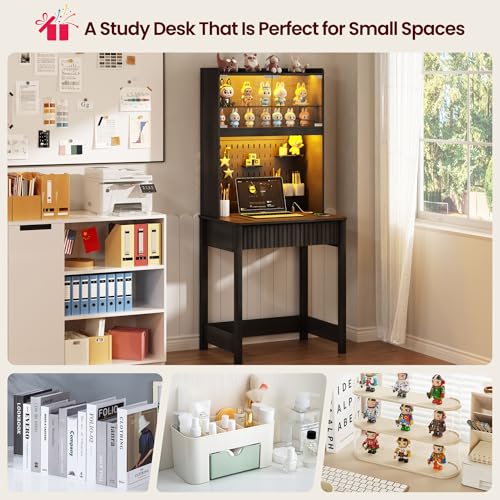 Small Study Desk - 25.6" Computer Desk with 3 Color LED and Charging Station, LED Home Office Desks with Storage Cabinet and Outlet, Writing Desks for Bedroom, Studyroom,Black