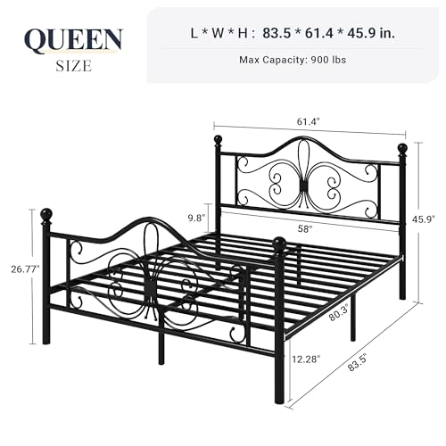 Metal Queen Platform Bed Frame, Butterfly Pattern Design, Black, view 3