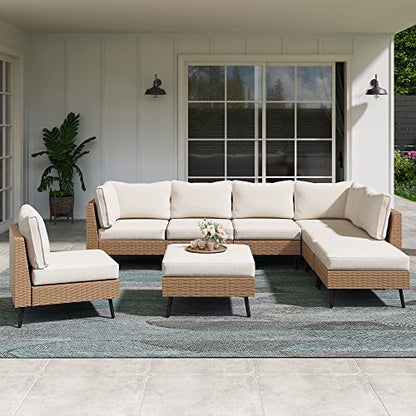 Outdoor Patio Furniture, 8 Piece Outdoor Sectional Sofa PE Rattan Wicker Patio Conversation Sets,All Weather Patio Furniture Set with Thick Cushions for Garden, Poolside, Backyard(Beige)