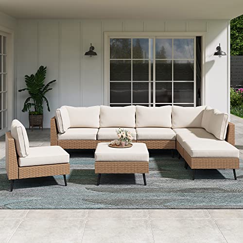 Outdoor Patio Furniture, 8 Piece Outdoor Sectional Sofa PE Rattan Wicker Patio Conversation Sets,All Weather Patio Furniture Set with Thick Cushions for Garden, Poolside, Backyard(Beige)