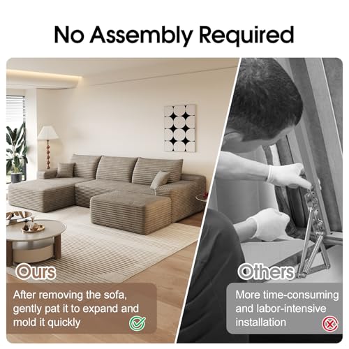 107" Comfy U-Shaped Sectional Modern Boneless Corduroy Couch with Chaise ‌and Ottoman‌ - No Assembly Required! Deep-Seat, Upholstered Modular Cloud Sofa for Living Room, Plush Corduroy Fabric(Camel)