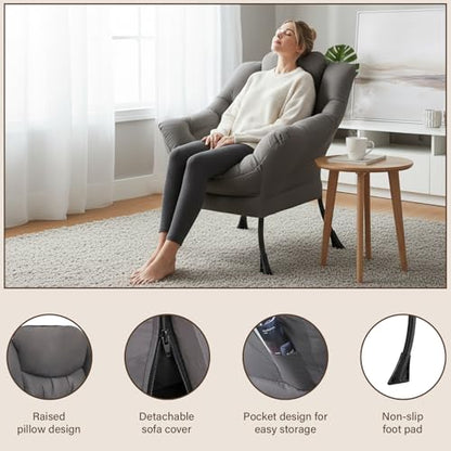 Dark Grey Single Lazy Chair for Living Room, Modern Reading Accent Chair with Armrests and a Side Pocket, Leisure Lazy Sofa Chair for Small Space, Bedroom, Dorm
