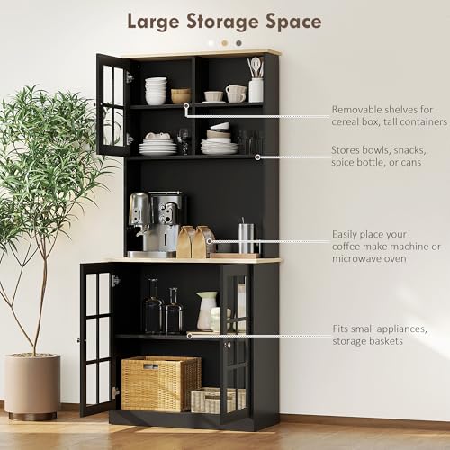 Kitchen Pantry Storage Cabinet 72" with Hutch, Black, view 5