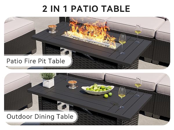 Outdoor Patio Furniture Set with 44'' Fire Pit Table, 7 Pcs Outdoor Sectional with 4in Thicken Cushion, Widen Armrests Wicker for Backyard, Grey