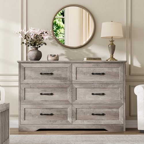Farmhouse Wood 47.2" Wide 6 Drawer Dresser for Bedroom, Grey, view 2