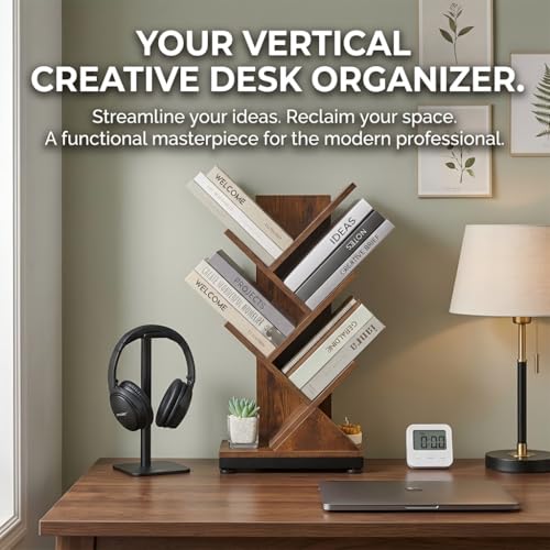 5 Tier Tree Bookshelf, Small Bookcase 11.8"*7.4"*24" (Rustic Brown) | Retro Narrow Bookshelves for CDs/Magazines, Book Shelf for Bedroom, Living Room, Office, Balcony, Study Room