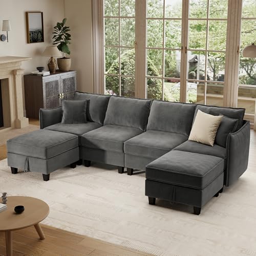 112" Modular U-Shaped Sectional Sofa, Modern 6-Seat Cloud Couch with 2 Storage Ottomans, Comfy Chenille Convertible Furniture Set for Living Room, Apartment, Easy Assembly, Dark Grey