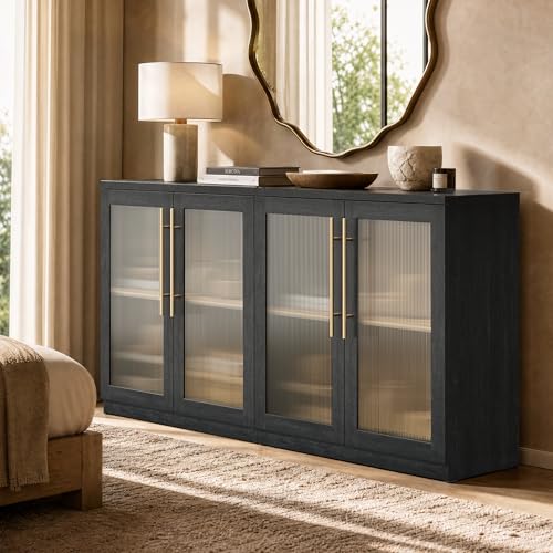 Set of 2 Accent Sideboard Cabinets, 62" Modular Credenza, Black, view 5