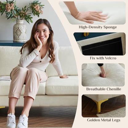 110" Sectional Sofa U-Shaped 4-Seat Couch, Beige | Double Chaise, Chenille Fabric Upholstered, Metal Legs, Room Divider, For Living Room, Apartment, Office, Studio