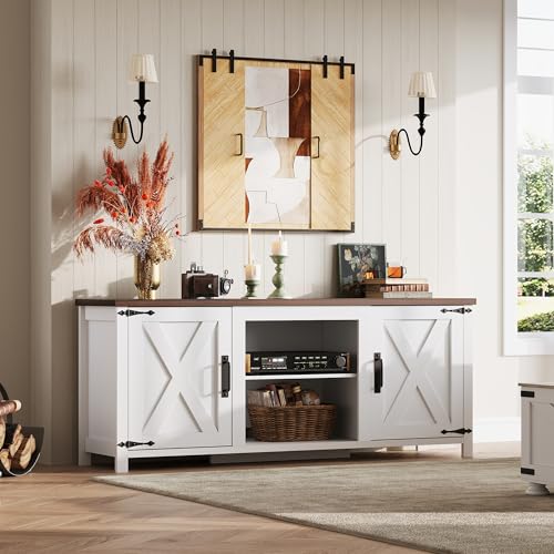 Modern Farmhouse TV Stand for TVs up to 65", Entertainment Center with X-Shaped Barn Doors, Large Storage Media TV Console with Adjustable Shelves & Cable Holes for Living Room, White