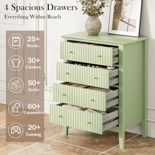 Night Stand, Fluted 4 Drawer Wide Farmhouse Nightstand with Gold Handle, view 5