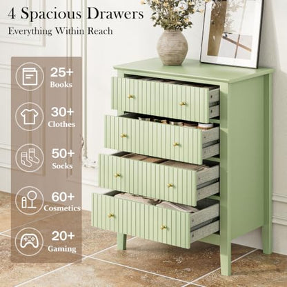 Night Stand, Fluted 4 Drawer Wide Farmhouse Nightstand with Gold Handle, view 5