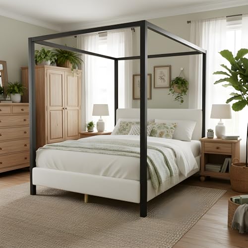 LUMISOL Queen Size Metal Canopy Bed with Upholstered Headboard, view 7