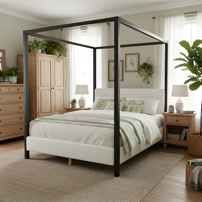 LUMISOL Queen Size Metal Canopy Bed with Upholstered Headboard, view 7