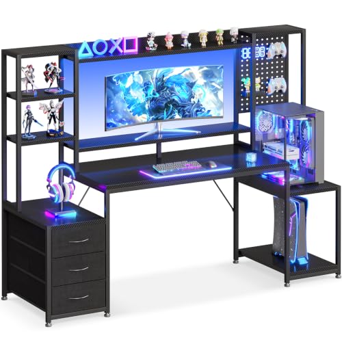 67 Inch Gaming Desk with Display Shelves, 3 Drawers, LED Lights, Hutch, view 2