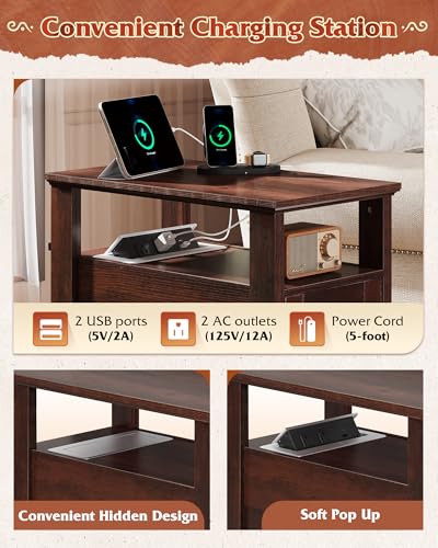 Farmhouse End Table with Charging Station, Narrow Side Table with Storage, Small Nightstand with USB Ports and Outlets ，Bedside Cabine for Bedroom, Living Room,Espresso