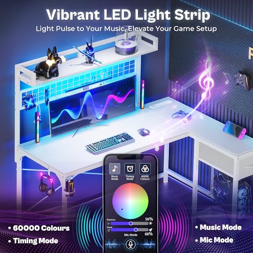 L Shaped Gaming Desk with Shelves, Corner Computer Table with LED Lights, Power Outlets and USB-C Ports, 50 Inch Reversible Home Office Desk with Storage Drawer, for Work and Study, White