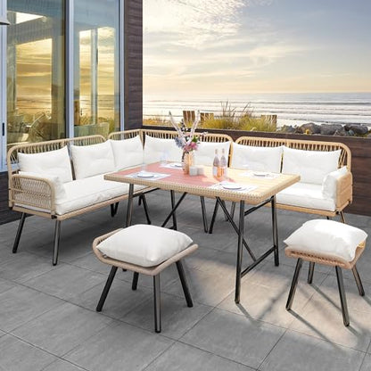 Patio Wicker L-Shaped Furniture Set, All-Weather Rattan Outdoor Conversation Sofa Set for Backyard Deck with Soft Cushions,Ottomans and Plastic Wood Dining Table (Light Brown+Beige)