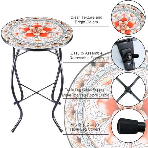 12 Inch Small Outdoor Side Table with Pink Flower, Glass Mosaic Patio Table Indoor, Round Plant Coffee Table for Living Room, Balcony, Garden