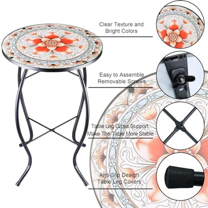 12 Inch Small Outdoor Side Table with Pink Flower, Glass Mosaic Patio Table Indoor, Round Plant Coffee Table for Living Room, Balcony, Garden