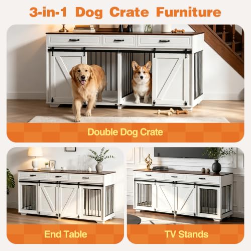 71 in Dog Crate Furniture for Dogs with 3 Storage Drawers White, view 4