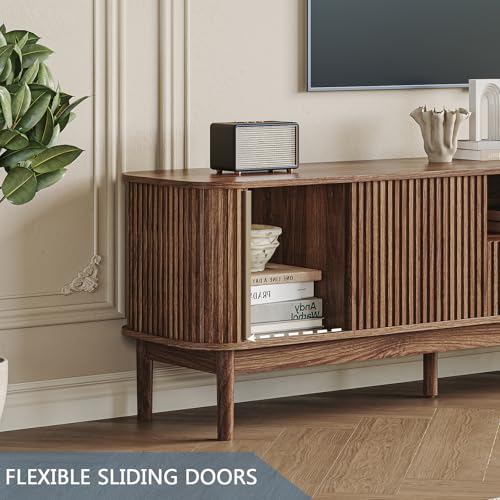 86.6'' Fluted TV Stand for 75/80/85 Inch TVs, Mid Century Modern Entertainment Center with Large Storage Space & Open Shelves, Walnut TV Console with Sliding Doors for Living Room