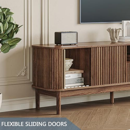 86.6'' Fluted TV Stand for 75/80/85 Inch TVs, Mid Century Modern Entertainment Center with Large Storage Space & Open Shelves, Walnut TV Console with Sliding Doors for Living Room