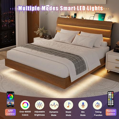 Floating Bed Frame Full with Led Lights and Charging Station, view 4