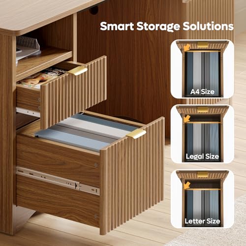 59 inch Office Desk with 2 Drawer, Computer Desk with File Cabinet & 2 Open Storage, Modern Fluted Wood Desk for Home Office Bedroom Study, Natual Oak