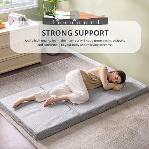 CH Charme House Folding Mattress, 4 Inch Single Tri Folding Memory Foam Mattress for Camping Guest Bed, Washable Cover & Non-Slip Bottom, 75" x 25" x 4", Grey