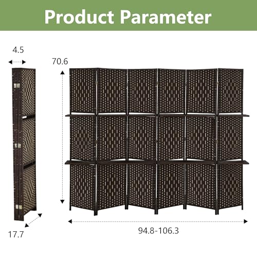 Room Divider 6 Panel Room Screen Divider Folding Portable partition Screen Wood with Removable Storage Shelves, Dark Brown